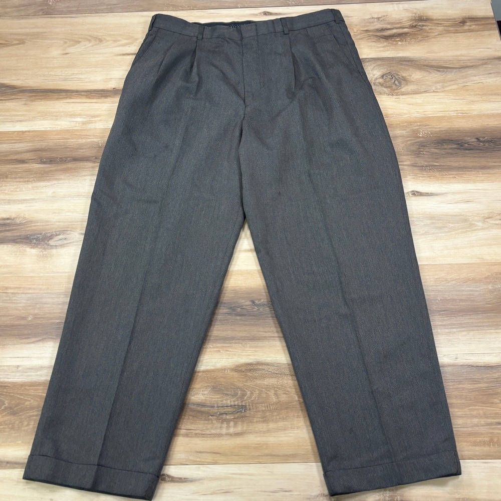 Perry Ellis Dress Pants Mens 38x30 Classic Herringbone Pleated Poly Rayon Grey
